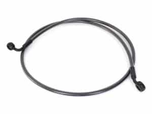 Flexible black braided hydraulic brake hose for motorcycles.