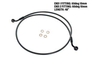 Flexible motorcycle brake or clutch cable with end fittings, black with copper washers for Revelry Motorcycles.