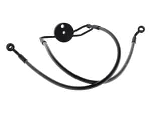 Flexible motorcycle brake line with fittings for Revelry Motorcycles.