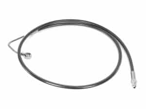 Flexible motorcycle fuel line with metal fittings for Harley Davidson bikes.