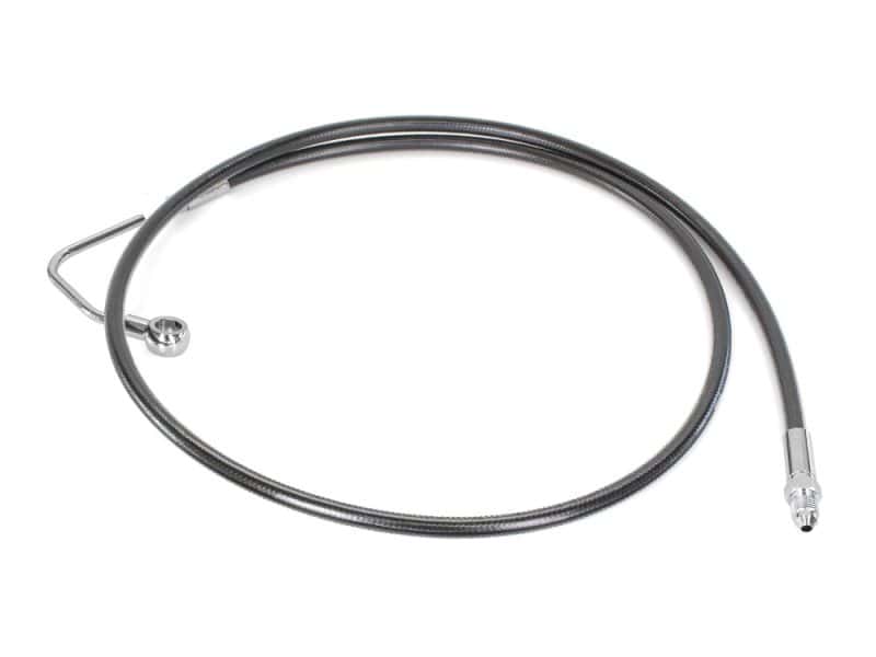 Flexible motorcycle fuel line with metal fittings for Harley Davidson bikes.