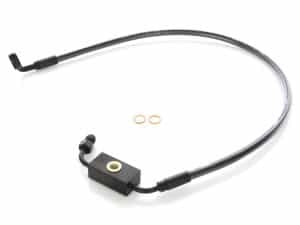 Flexible brake line for motorcycle, suitable for Revelry Motorcycles and bikes with hydraulic braking systems.