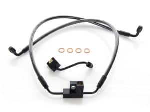 High-performance motorcycle brake line with braided stainless steel construction for Revelry Motorcycles.