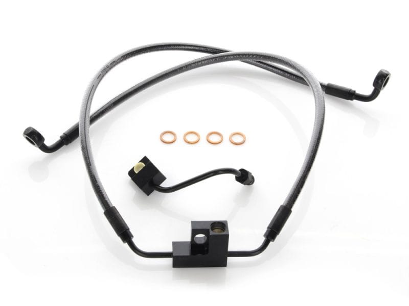 High-performance motorcycle brake line with braided stainless steel construction for Revelry Motorcycles.