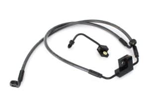 Heavy-duty motorcycle brake hose with fittings for Revelry Motorcycles.