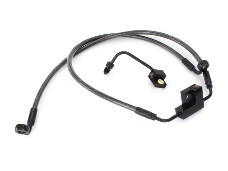 Heavy-duty motorcycle brake hose with fittings for Revelry Motorcycles.