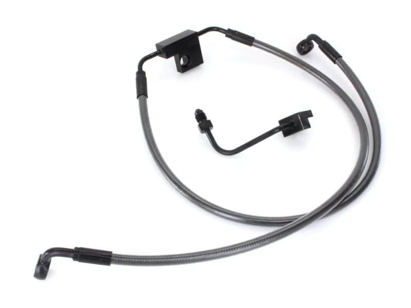High-performance motorcycle brake line with durable steel braided exterior.