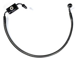 Black motorcycle handlebar with mounting hardware and flexible braided cable.