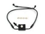Black motorcycle brake line with fittings and copper washers for Revelry Motorcycles.