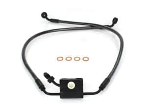 Black motorcycle brake line with fittings and copper washers for Revelry Motorcycles.
