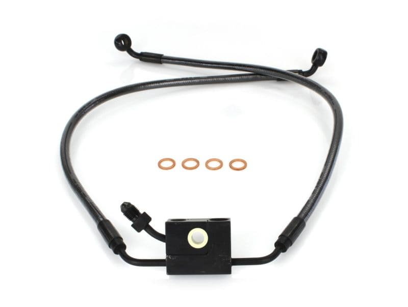 Black motorcycle brake line with fittings and copper washers for Revelry Motorcycles.