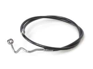 High-performance motorcycle brake line with braided stainless steel hose and metal fittings.