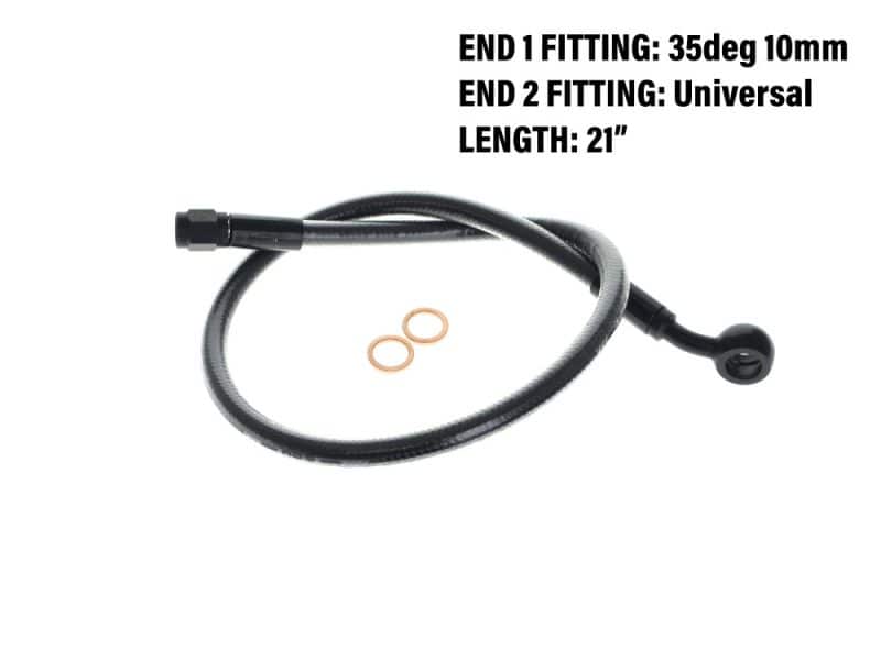 Flexible motorcycle brake hose with universal fittings, 21 inches long for Revelry Cycles.