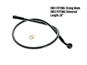 Flexible motorcycle brake hose with 26-inch length and universal fittings.