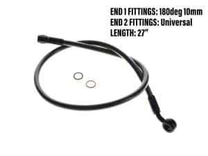 Flexible motorcycle brake or clutch cable with universal fit and 180-degree end fittings.