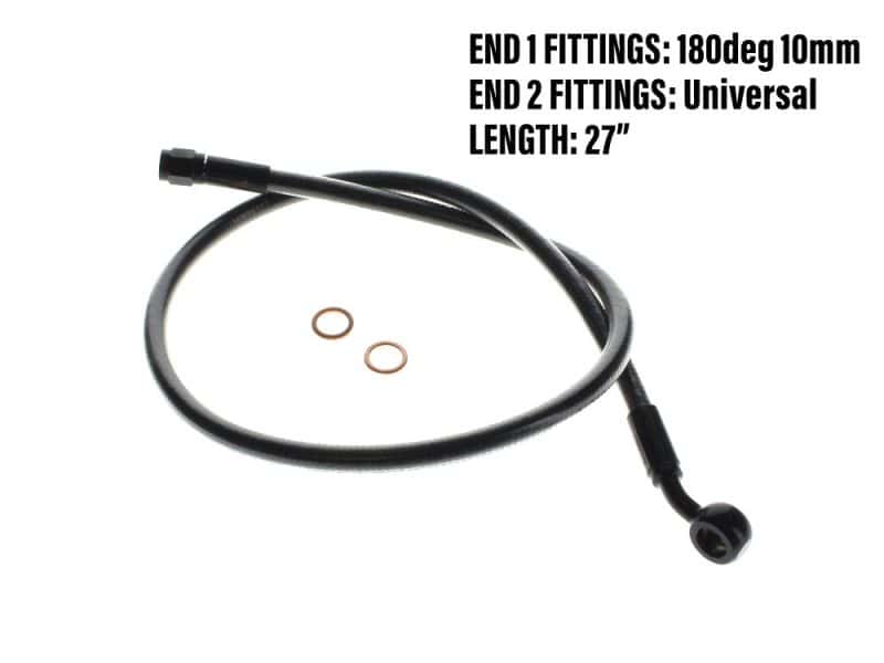 Flexible motorcycle brake or clutch cable with universal fit and 180-degree end fittings.
