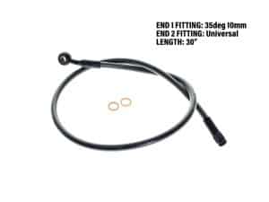 Flexible motorcycle brake hose with universal fittings and copper washers for secure installation.
