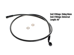 Flexible motorcycle brake line with 35-degree fittings for Revelry Motorcycles.