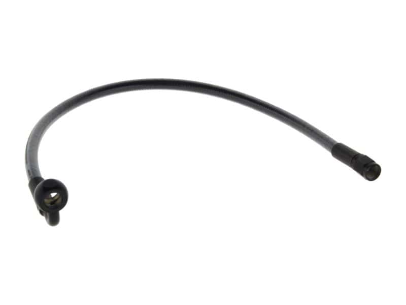 17in. Upper Front Brake Line with 10mm x 90 Degree Banjo - Black Pearl. Flexible motorcycle brake line hose for Revelry Motorcycles accessories.
