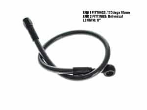 Flexible motorcycle throttle cable with universal fittings and 17-inch length.