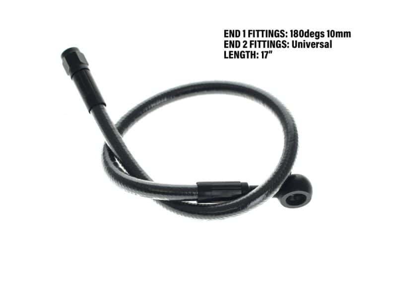 Flexible motorcycle throttle cable with universal fittings and 17-inch length.