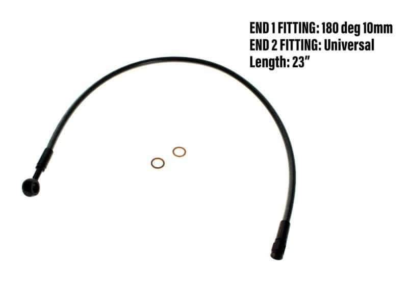 23in. Upper Front Brake Line with 10mm x 180 Degree Banjo - Black Pearl. Flexible motorcycle brake hose with universal fittings and quick installation.