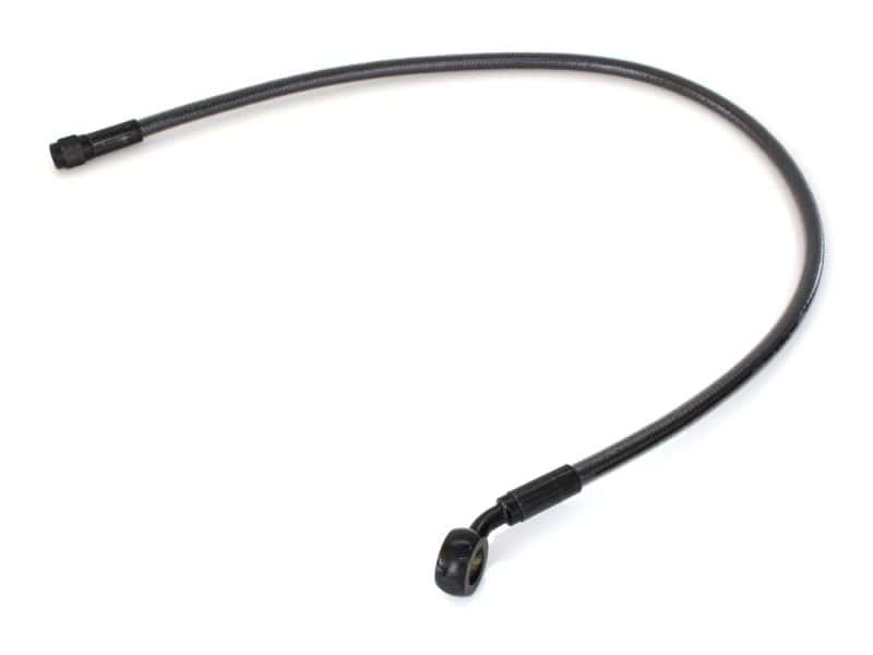 24in. Upper Front Brake Line with 7/16in. x 35 Degree Banjo - Black Pearl. Flexible motorcycle brake or clutch cable for Revelry Motorcycles.