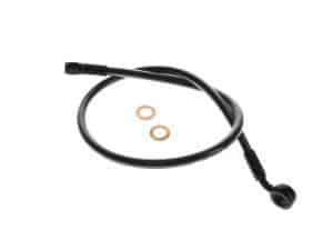 Flexible motorcycle oil cooler hose with fittings and washers for Revelry Motorcycles.