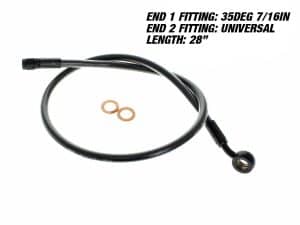 Flexible motorcycle oil fuel line hose with brass fittings and washers, universal size, ideal for motorcycle maintenance and repair.