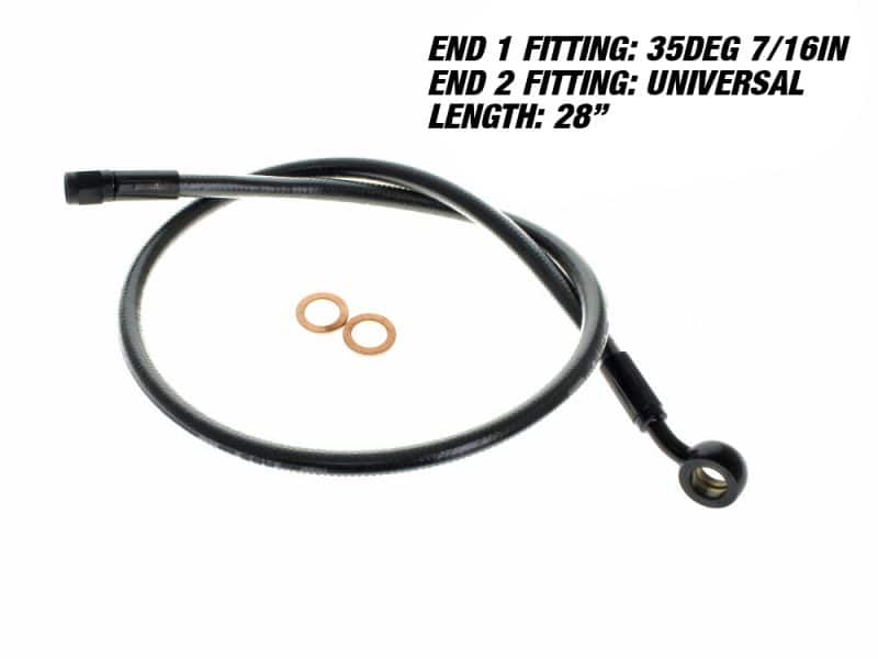 28in. Upper Front Brake Line with 7/16in. x 35 Degree Banjo - Black Pearl. Flexible motorcycle oil fuel line hose with brass fittings and washers, universal size, ideal for motorcycle maintenance and repair.