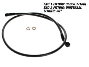 Flexible motorcycle brake hose with universal fittings, ideal for custom bike builds.