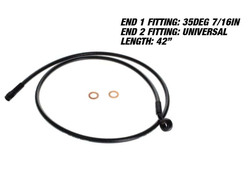42in. Upper Front Brake Line with 7/16in. x 35 Degree Banjo - Black Pearl. Flexible motorcycle brake hose with universal fittings and copper washers for Revelry Motorcycles.