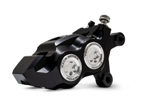 Right Hand Front 4 Piston Race Series Caliper - Black & Chrome. Fits Softail 2015up, V-Rod 2006-2017, Touring Most 2008-2024 & Sportster 2014-2021