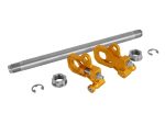 High-performance motorcycle front axle kit with orange fork adjusters and durable hardware.