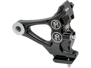 Right Hand Rear Integrated 4 Piston Caliper & Mounting Bracket - Black Contrast Cut. Fits Softail 1987-1999 with 3/4in. Rear Axle.