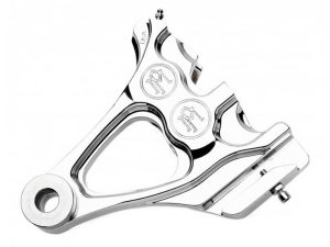 Right Hand Rear Integrated 4 Piston Caliper & Mounting Bracket - Chrome. Fits Softail 1987-1999 with 3/4in. Rear Axle.