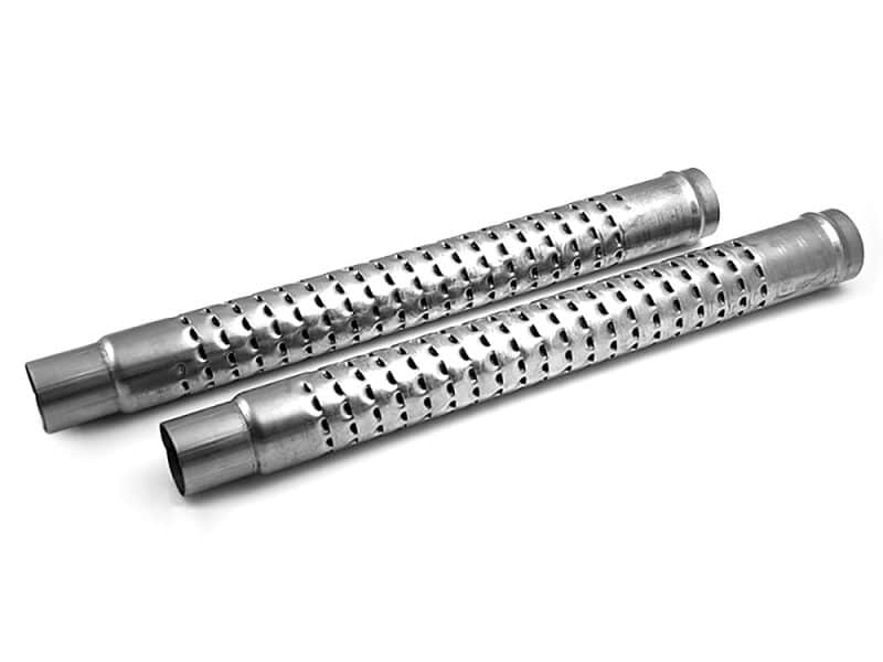 Metal motorcycle exhaust pipes with perforated design for enhanced performance and sound, ideal for custom motorcycles.