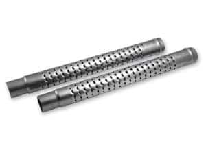 Stainless steel motorcycle exhaust silencers with perforated design for Revelry Motorcycles.