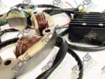 Motorcycle stator and regulator for Revelry Motorcycles, high-performance electrical components for bikes.