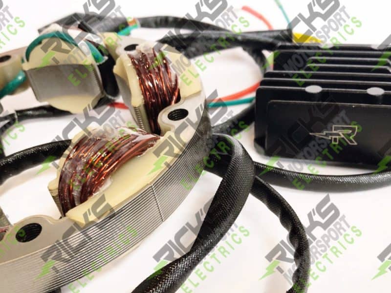 Motorcycle stator and regulator for Revelry Motorcycles, high-performance electrical components for bikes.