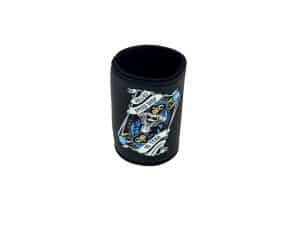Revelry Cycles motorcycle-themed neoprene beverage holder with custom graphic design.