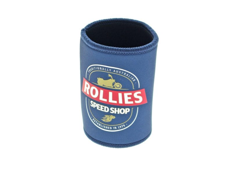 Rollies Speed Shop neoprene can cooler with Australian motorcycle branding and logo.