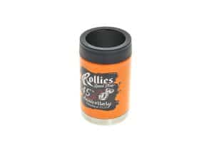 Metallic orange thermos with Rollies Motorcycles 45th anniversary logo and vintage motorcycle graphic.
