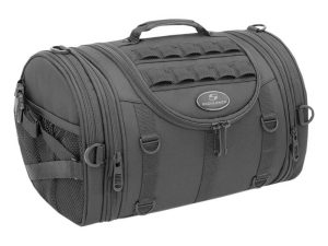 Durable black motorcycle gear bag with multiple compartments and adjustable straps.