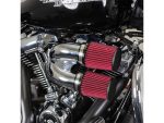 High-performance motorcycle air filters on a Harley Davidson motorcycle.