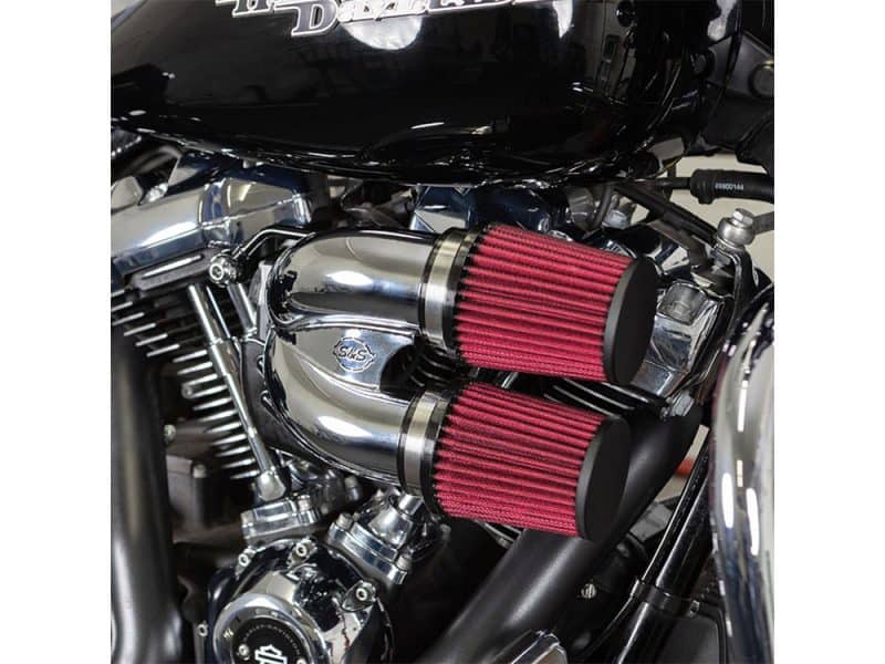 High-performance motorcycle air filters on a Harley Davidson motorcycle.
