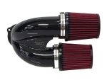 Aluminium motorcycle intake with red high-flow filters, ideal for Harley Davidson bikes.