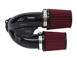 Aluminium motorcycle intake with red high-flow filters, ideal for Harley Davidson bikes.