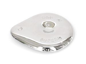 Polished metal motorcycle belt cover with engraved "S & S" and "Super" for classic bike restoration.