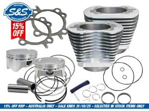 High-performance motorcycle piston kit with gaskets and rings for Revelry Motorcycles Australia.